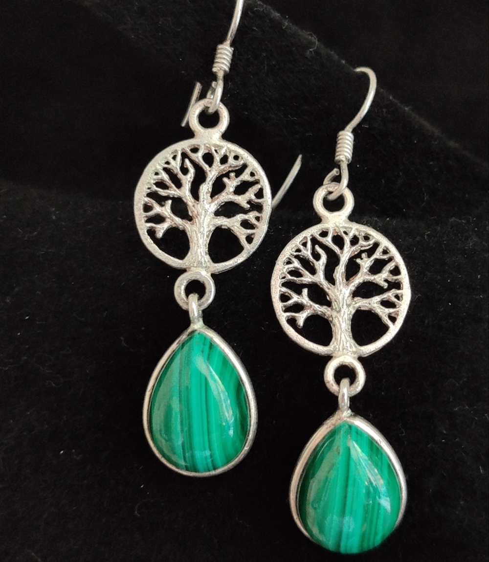 Sterling Silver Tree of Life and malachite earrings